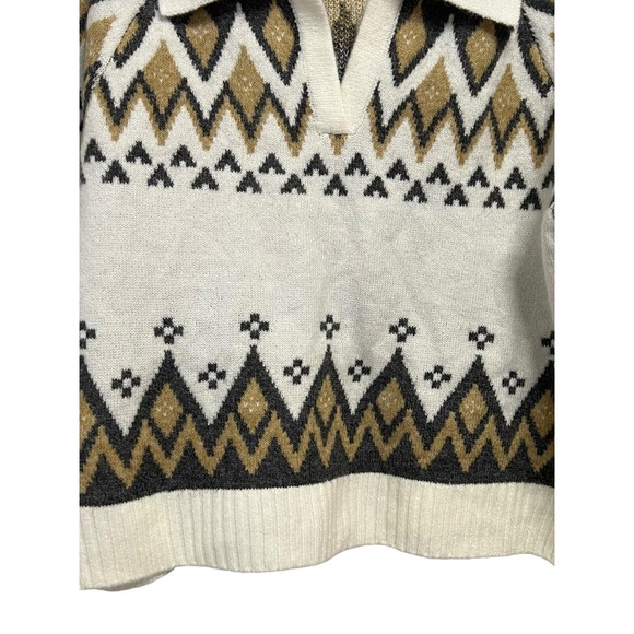1.STATE Sweater Womens Large Cream Tan Johnny Collar Fair Isle Pullover Knit‎ - Picture 8 of 12
